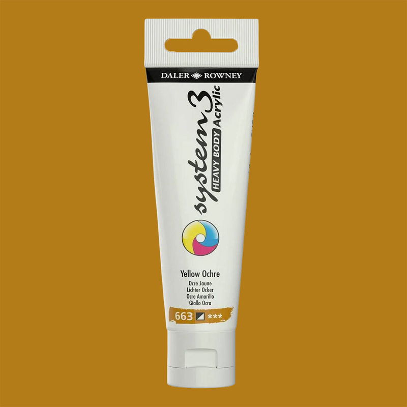 Akrylfärg i tub System3 Heavy Body Yellow Ochre 663 med färgprov