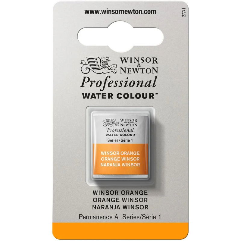 Förpackning med Winsor & Newton Professional akvarellfärg Winsor Orange halvkopp