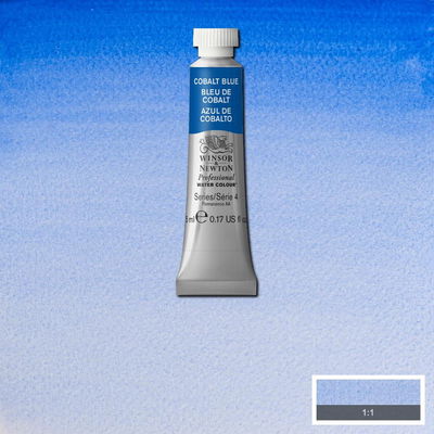 Winsor & Newton Professional Water Colour Cobalt Blue i 5 ml tub som visas mot målad bakgrund i samma färg.