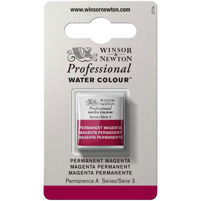 Förpackning med Winsor & Newton Professional akvarellfärg Permanent Magenta halvkopp