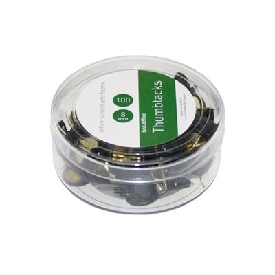 Förpackning med 100 svarta häftstift i plastask Svarta häftstift med platt topp diameter 8 mm och nållängd 8,5 mm