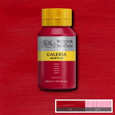 Winsor & Newton Galeria Akrylfärg, 500 ml flaska mot färgad bakgrund. Crimson
