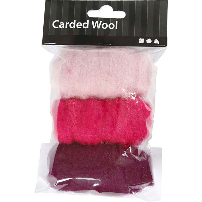 Paket med kardad ull i tre lila och rosa färger