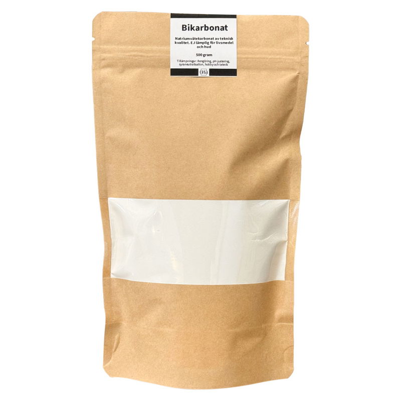 Förpackning med 500 gram bikarbonat i teknisk kvalitet i brun ståpåse med etikett