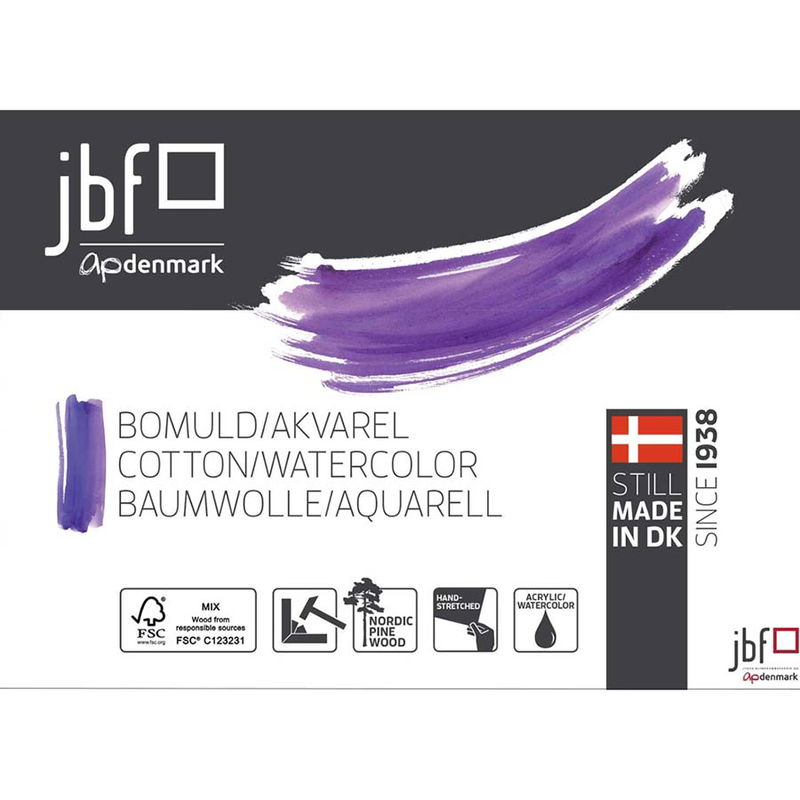 Förpackning av JBF målarduk serie 203 i bomull för akvarell, FSC-certifierad och handspänd i Danmark