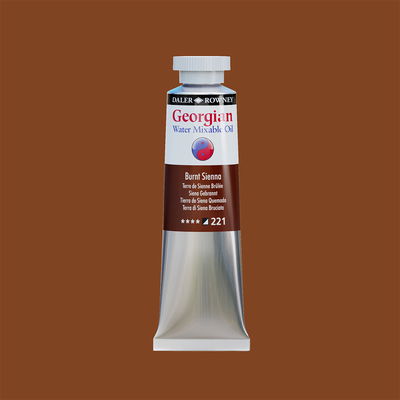 Georgian Burnt Sienna färg och tub Georgian Water Mixable Oil Paint Burnt Sienna 37 ml vattenlöslig oljefärg i tub på bakgrund i samma färg