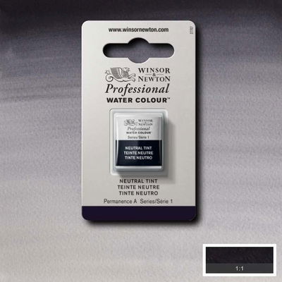 Winsor & Newton Professional Water Colour Neutral Tint i halvkopp som visas mot målad bakgrund i samma färg.