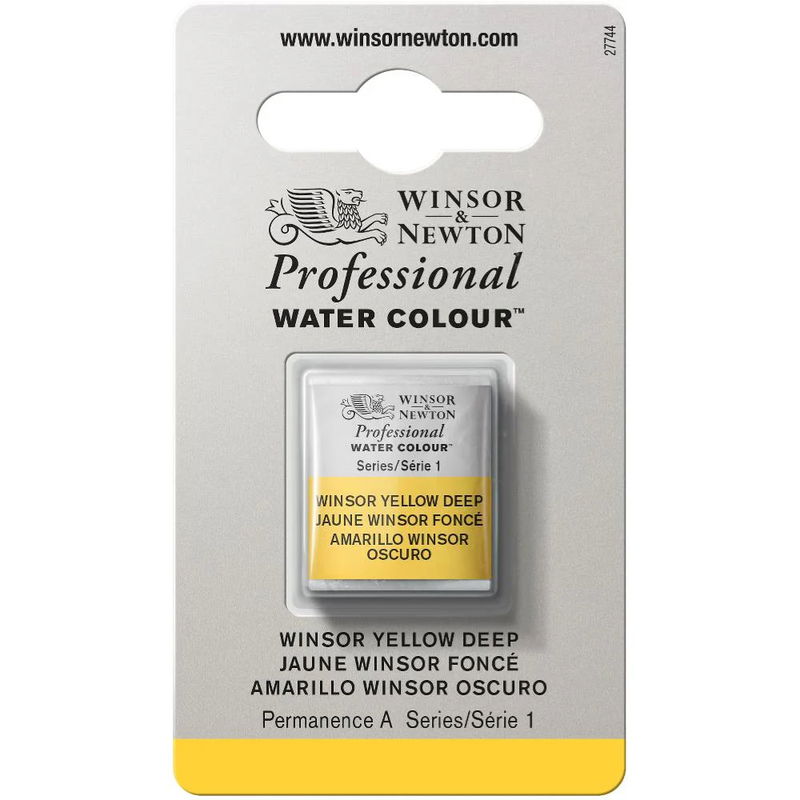 Förpackning med Winsor & Newton Professional akvarellfärg Winsor Yellow Deep halvkopp
