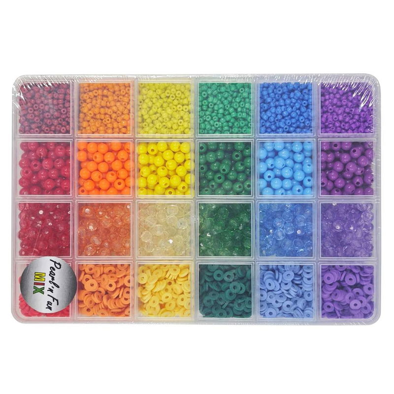 Pärlset med glaspärlor, plastpärlor, facetterade pärlor och Heishi i sex färger i ask