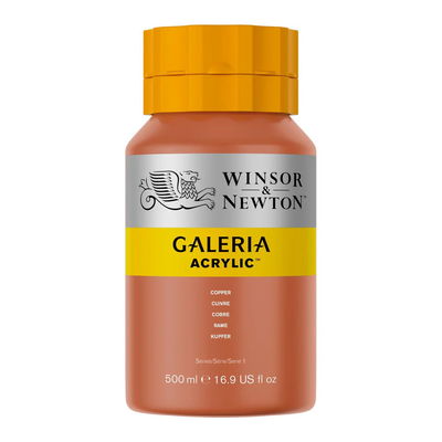Winsor & Newton Galeria Akrylfärg, 500 ml flaska mot färgad bakgrund. Copper