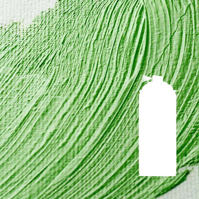 Närbild på grön målarfärg med tydlig textur och silhuett av sprayburk, som visar användning av satinfernissa.