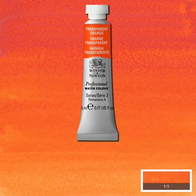 Färgprov och förpackning, Transparent Orange 5 ml tub Winsor & Newton Professional Water Colour Transparent Orange i 5 ml tub som visas mot målad bakgrund i samma färg.