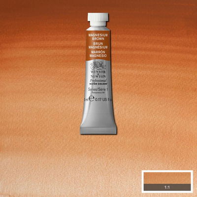 Winsor & Newton Professional Water Colour Magnesium Brown i 5 ml tub som visas mot målad bakgrund i samma färg.