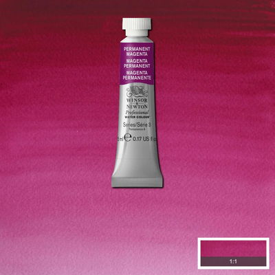 Winsor & Newton Professional Water Colour Permanent Magenta i 5 ml tub som visas mot målad bakgrund i samma färg.