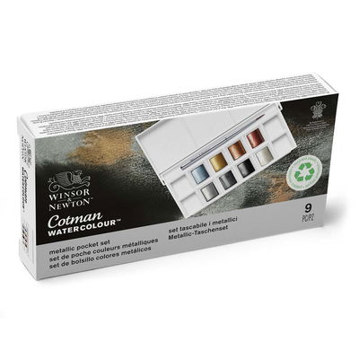 Förpackningen till Winsor & Newton Cotman Watercolour Metallic Pocket Set 8 st