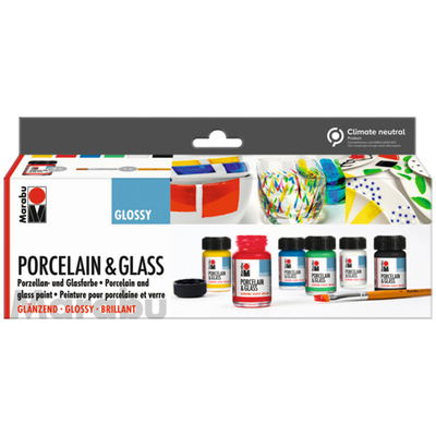 Marabu glas- och porslinsfärg Starter Set 6x15 ml samt pensel i förpackning.