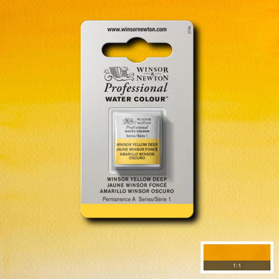 Winsor & Newton Professional Water Colour Winsor Yellow Deep i halvkopp som visas mot målad bakgrund i samma färg.