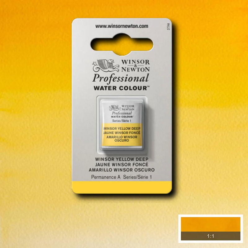 Winsor & Newton Professional Water Colour Winsor Yellow Deep i halvkopp som visas mot målad bakgrund i samma färg.