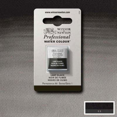 Winsor & Newton Professional Water Colour Lamp Black i halvkopp som visas mot målad bakgrund i samma färg.