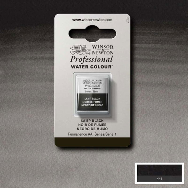 Winsor & Newton Professional Water Colour Lamp Black i halvkopp som visas mot målad bakgrund i samma färg.