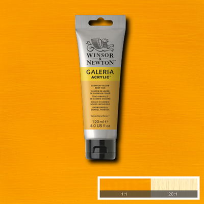 Winsor & Newton Galeria Akrylfärg, 120 ml tub mot färgad bakgrund. Cadmium Yellow Deep Hue