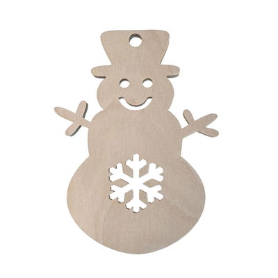 Julgranshänge Snögubbe av björkplywood 6 mm med utskuren snöflinga, perfekt för gran och juldekorationer