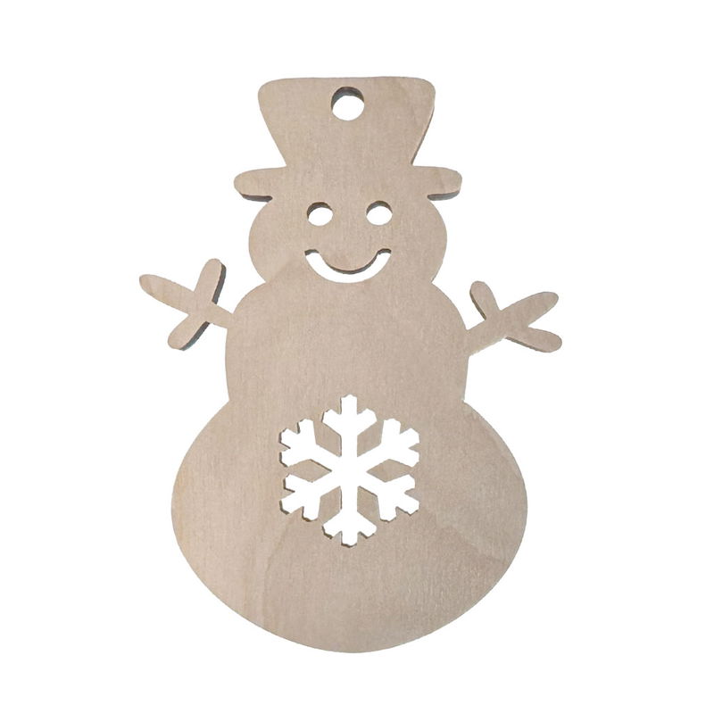 Julgranshänge Snögubbe 8 cm Julgranshänge Snögubbe av björkplywood 6 mm med utskuren snöflinga, perfekt för gran och juldekorationer