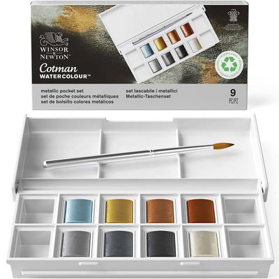 Winsor & Newton Cotman akvarellset med 8 metalliska färger i halvkopp och en silverfärgad hopfällbar pensel i reseetui