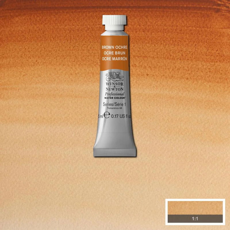 Winsor & Newton Professional Water Colour Brown Ochre i 5ml tub som visas mot målad bakgrund i samma färg.