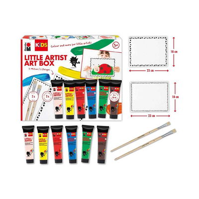 Innehåll i Marabu KiDS Little Artist Art Box med 6 färgtuber, 2 målarkort och 2 penslar