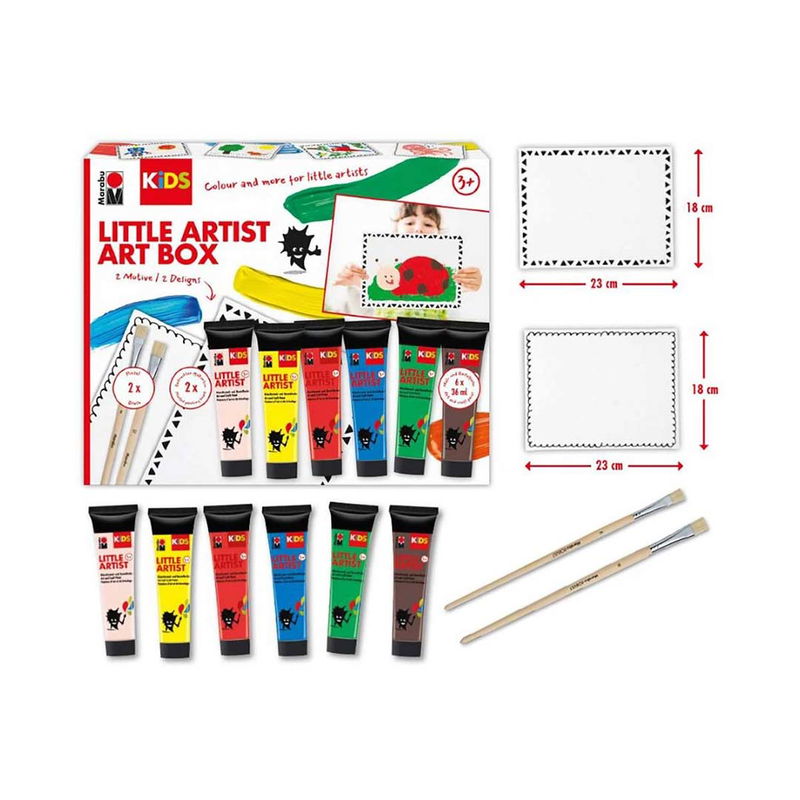 Innehåll i Marabu KiDS Little Artist Art Box med 6 färgtuber, 2 målarkort och 2 penslar