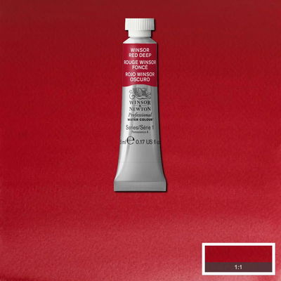 Winsor & Newton Professional Water Colour Winsor Red Deep i 5 ml tub som visas mot målad bakgrund i samma färg.