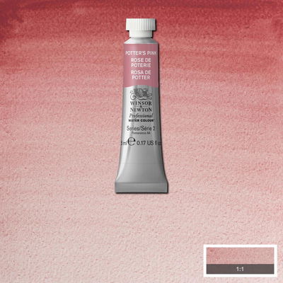 Winsor & Newton Professional Water Colour Potter's Pink i 5 ml tub som visas mot målad bakgrund i samma färg.