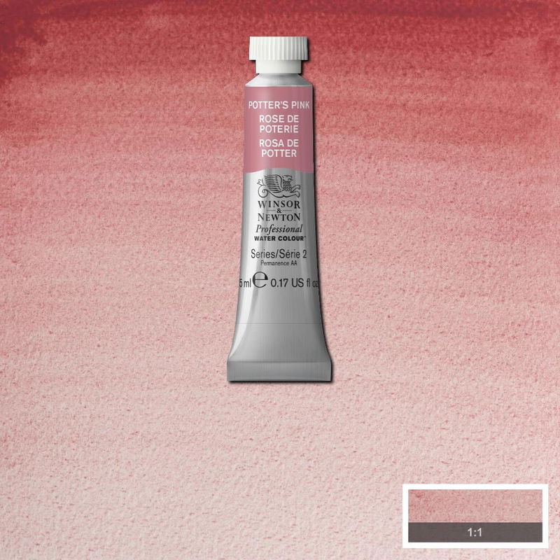 Winsor & Newton Professional Water Colour Potter's Pink i 5 ml tub som visas mot målad bakgrund i samma färg.