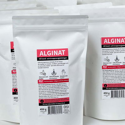 Samlingsbild med förpackningar av 450 g alginat