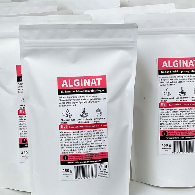 Samlingsbild med förpackningar av 450 g alginat