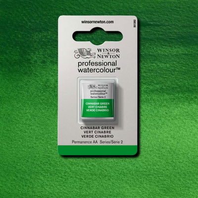 Winsor & Newton Professional Water Colour Cinnabar Green i halvkopp som visas mot målad bakgrund i samma färg.