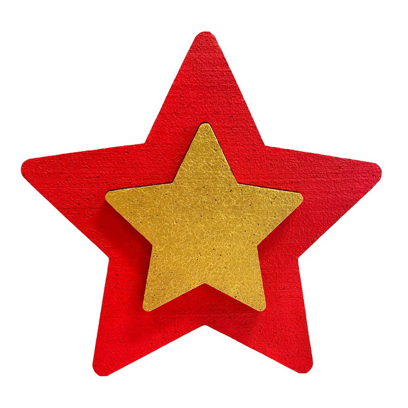 Röd och guld frigolitstjärna 30 cm Rödmålad frigolitstjärna med guldmålad mindre stjärna för julpyssel och dekoration