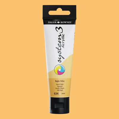 Akrylfärg i tub System3 Acrylic Naples Yellow 634 med färgprov