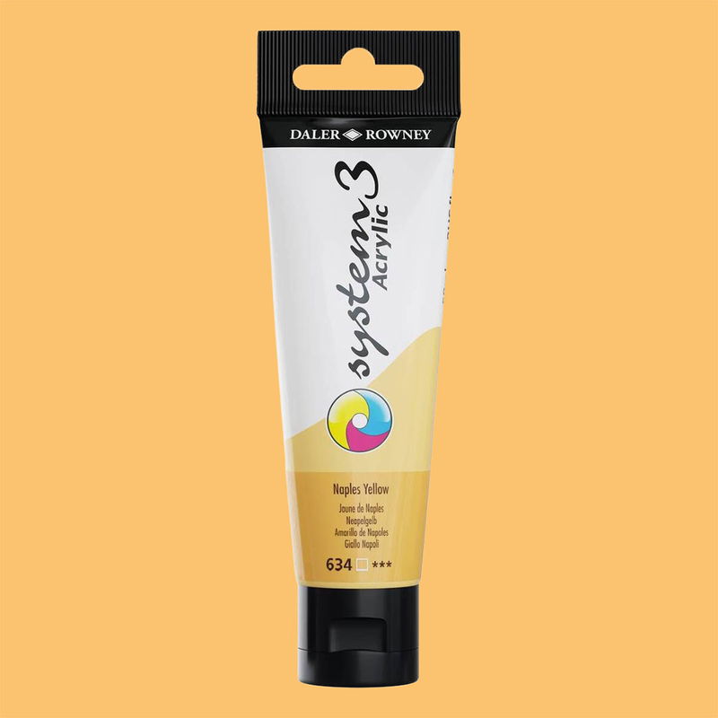Akrylfärg i tub System3 Acrylic Naples Yellow 634 med färgprov