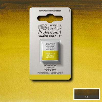 Winsor & Newton Professional Water Colour Green Gold i halvkopp som visas mot målad bakgrund i samma färg.