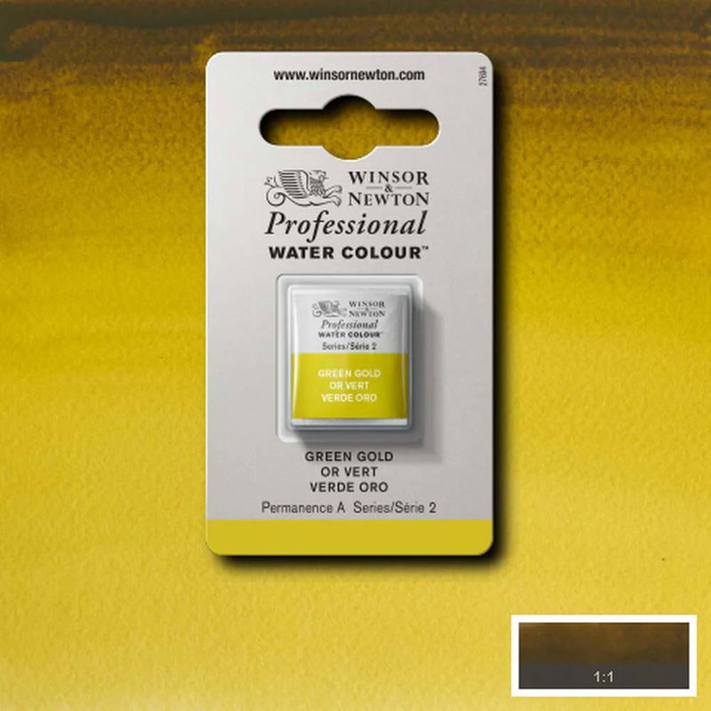 Winsor & Newton Professional Water Colour Green Gold i halvkopp som visas mot målad bakgrund i samma färg.