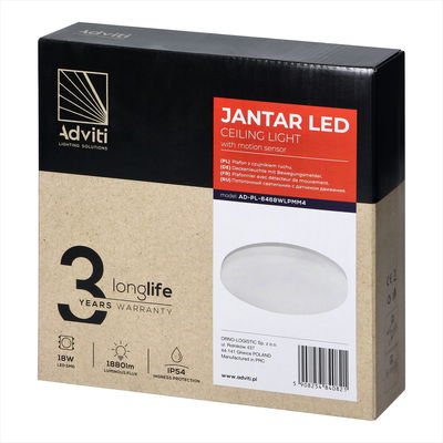 LED Plafond 18W, taklampa med mikrovågsrörelsesensor, IP54, 4000K