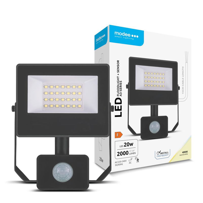 Modee Lighting LED strålkastare 20W | Neutralvit 4000K | IP54 | + sensor