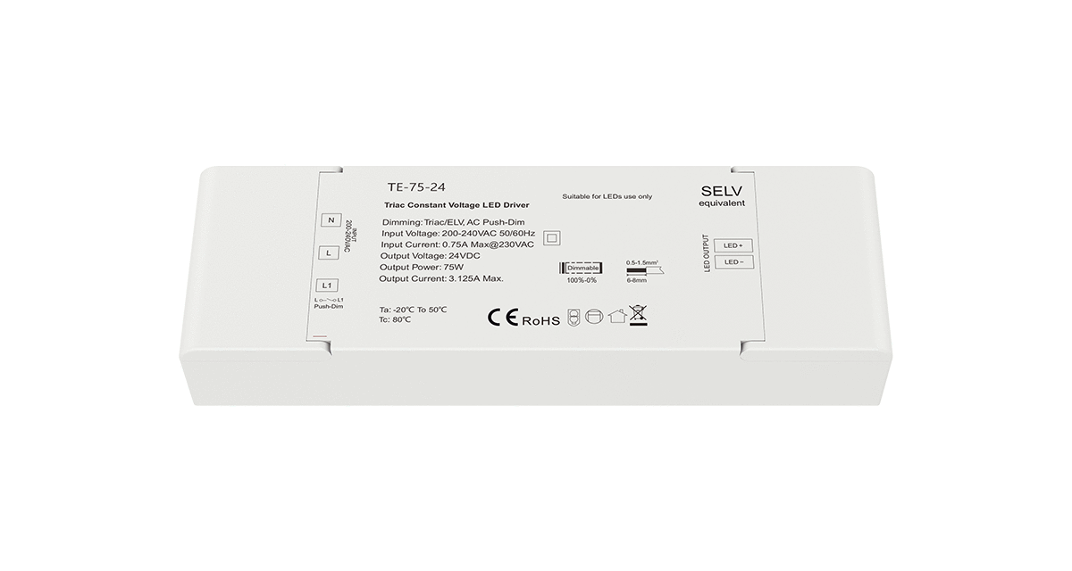 Dimbar strömförsörjning | 75W | 24V | RF + Push-dim