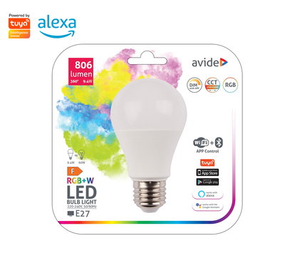 Avide | E27 lampa 9,4W | RGB+CCT | Dimbar | WIFI Google/Alexa/Tuya