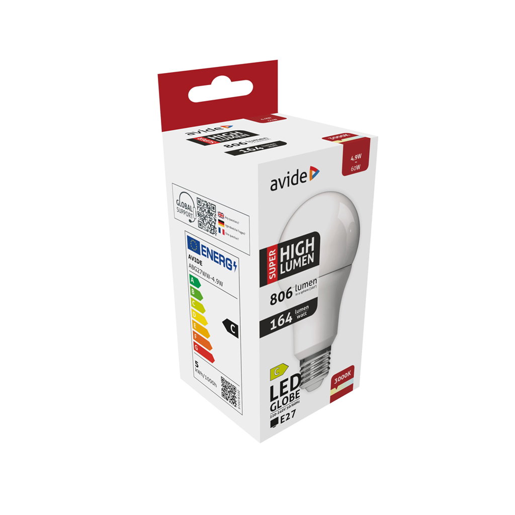 Avide | LED E27-ljuskälla 4,9W | Varmvit 3000K | A60 | Super-high lumen