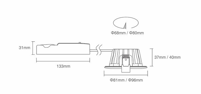 LED Downlight | 6W | Dimbar | 3CCT | IP65 | Inkl. värmeskydd  | ø65