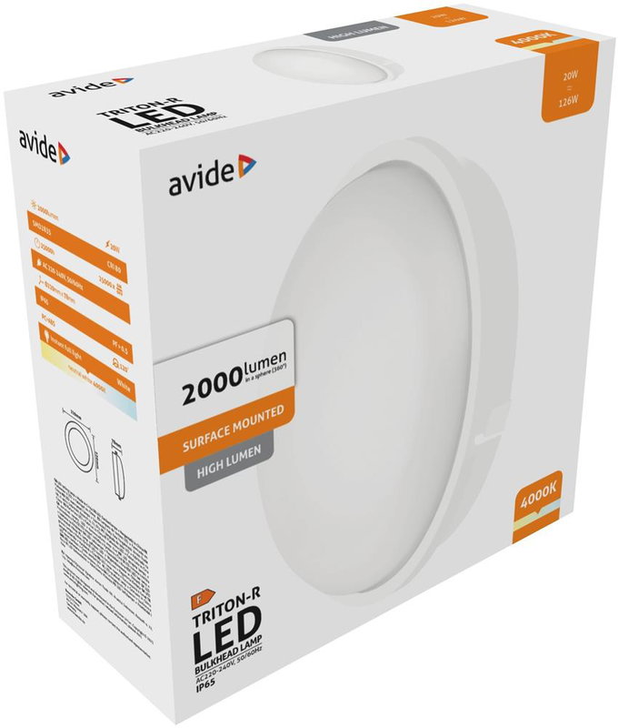 avide | Bulkhead-lampa rund 20W Vit 100lm/W | IP65