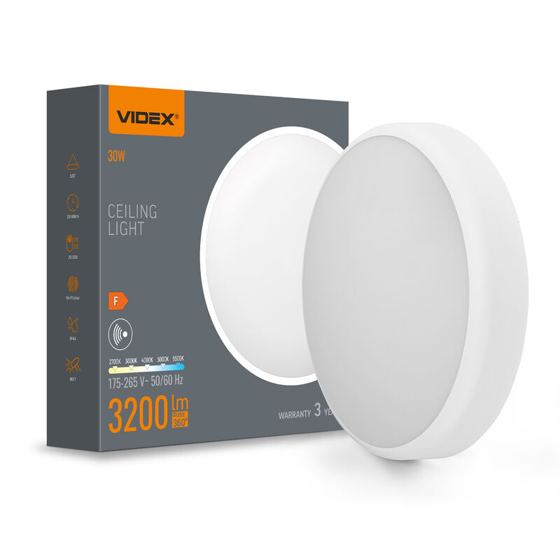 VIDEX | LED Plafond Vit, 30W, 20W, 15W | Med rörelsesensor | CCT | IP44